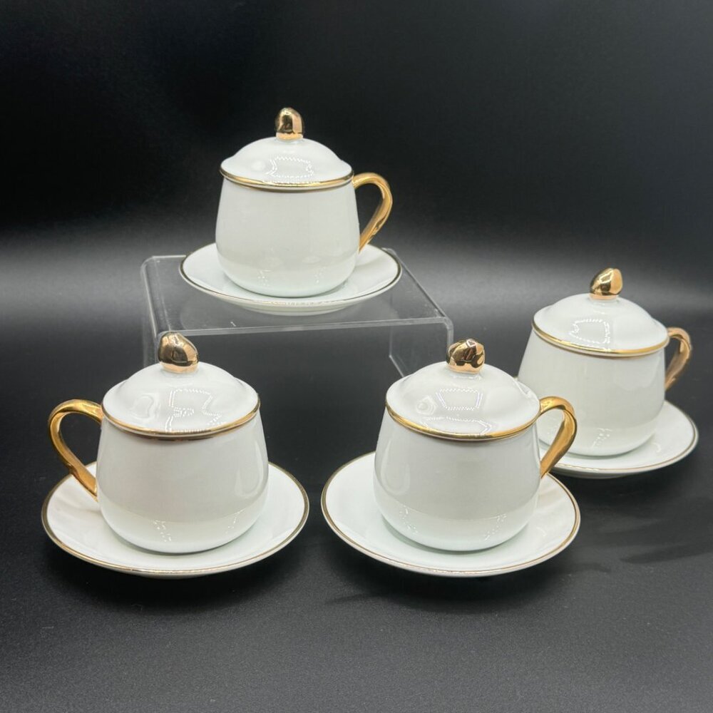 Vintage  Andrea by Sadek De Creame Demitasse Tea Cups with Lids Gold Trim